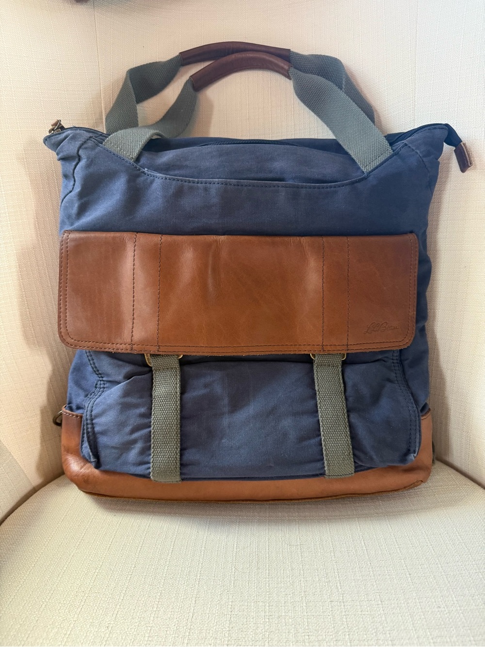 Vintage 1990’s L.L. Bean Leather and Canvas Backpack Tote in Blue